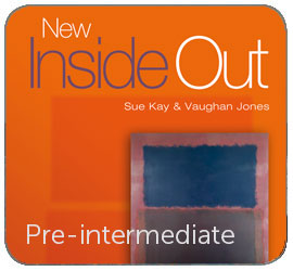 Image of a book cover. The background is a deep orange color. At the top, the text New Inside Out in blue letters. Below, an image of a dark blue rectangle with a granular texture. The text Pre-intermediate appears at the bottom.