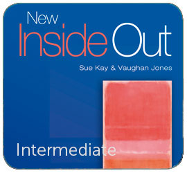 Image of a blue square with a design containing the phrase New Inside Out in white letters on a blue background. In the lower part, a pink colored texture is shown. The names of the authors Sue Kay & Vaughan Jones and the word Intermediate in small letters are included.