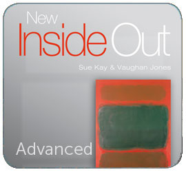 Image of a book cover design. The main title is Inside Out with the signatures of Sue Kay and Vaughan Jones. A red rectangle with earth tones appears below, and the word Advanced is included at the bottom.