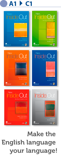 Here is the alternative text for the image: A set of six posters from the Inside Out series by Macmillan Education. Each poster has a different colored background with a geometric shape and the publisher's logo in the bottom right corner.