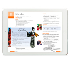 Image of a tablet showing a textbook page. Includes titles such as Education, History, Art, Language, Mathematics, Science. Shows images of a kimono, a dinosaur drawing and a collage of children.