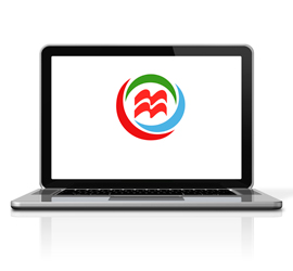 Image of a laptop with a graphic representation of a logo featuring a wave and three books.