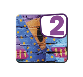 Image of a square with a blue and yellow brick background, with colored spots and a V design resembling an ice cream. In the top right corner, the number 2 is displayed with a purple border.