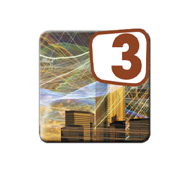 Image of a square with the number 3 in a brown box. The background shows a composition of city and landscape images with vibrant colors.