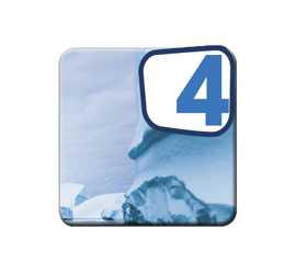 Image of a square with the number 4 in blue inside a circle. The background shows a snowy landscape with mountains and white snow.
