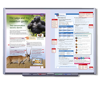 Image of a bulletin board with two pages of information. The first page shows an image of a gorilla and a gazelle. The second page presents a list of contents with icons and text. The board has a modern look and is on top of a table.