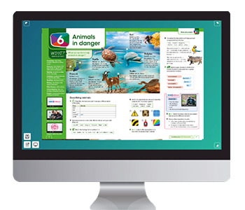 Image of a computer monitor with a screen. The screen displays a textbook page with images of endangered animals.