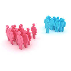 Grupo de figuras humanas, de distintos colores (rosa y azul), separadas en dos conjuntos.