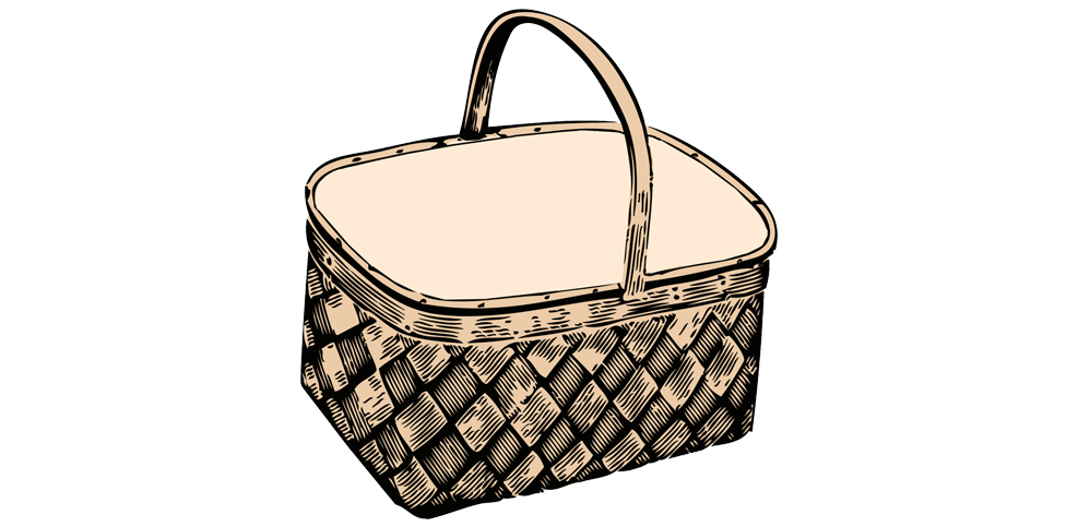 Imagen de un cesto de picnic de diseño retro, con una estructura de cuadros entrelazados y un asa metálico. El cesto tiene un color beige y un borde decorado con pequeños puntos.