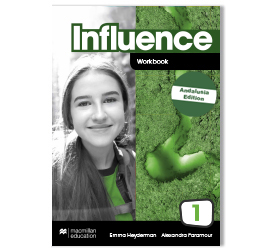 Image of a textbook titled Influence - Workbook - Edition by Alexander Paramos. A photograph of a young woman smiling and a design with a drop of saliva symbol is shown.