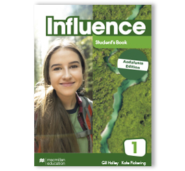 Image of the Influence textbook from Macmillan Education. Title: Influence. Reading Study. Author: Gil Hurley, Kate Pokorny. Number: 1. Image of a young woman smiling and wearing a t-shirt. Background with natural elements.