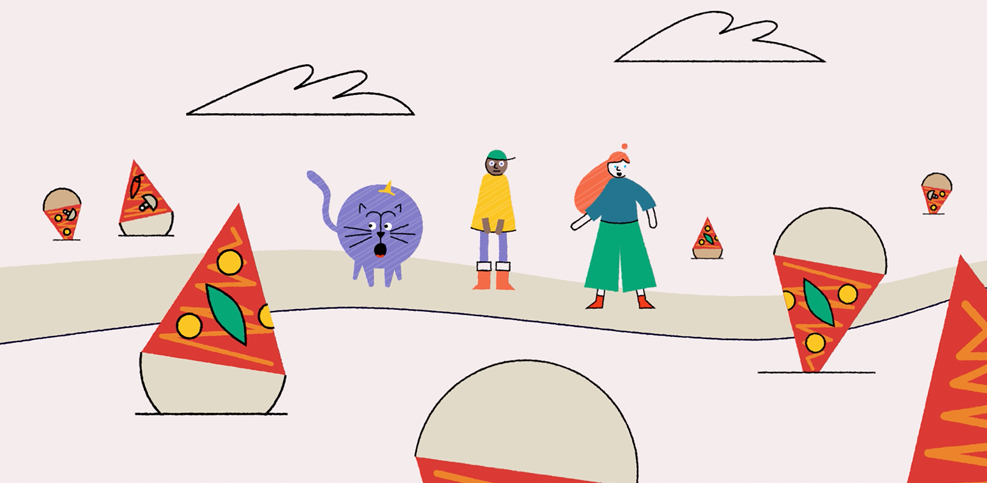 Ilustración con figuras estilizadas en un paisaje plano. Se observan varios personajes con ropa colorida y formas geométricas. Hay conos de color y elementos de la naturaleza.