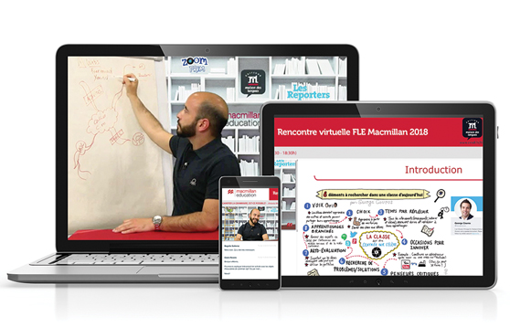 Imagen promocional de una formación online con un instructor y dispositivos móviles.