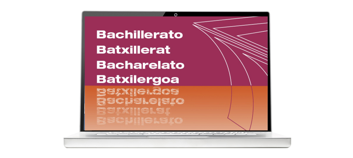 Imagen de un monitor con texto que muestra 'Bachillerato', 'Batxillerato' y 'Batxillergo' repetidas en diferentes colores y fuentes.