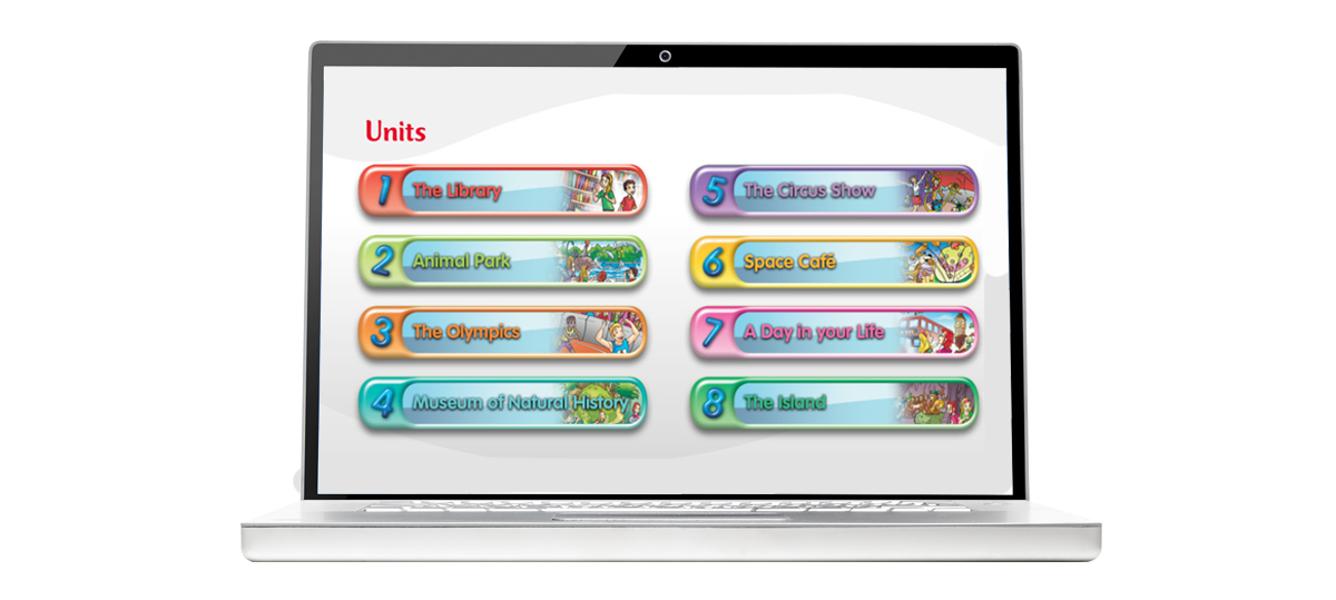 Imagen de un ordenador portátil mostrando una pantalla con una serie de botones. Cada botón tiene un título en color y una imagen relacionada con el tema de la sección. Los títulos de los botones son: El Sombrero, La Casa Bonita, La Casa Bonita, Un Pez, Un Pez a tu vida, Un Pez, Un Pez a tu vida, La Mar.