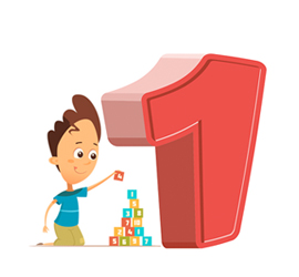 Un niño con gorra y camiseta azul, sosteniendo un bloque de color, frente a un gran número 1 formado con bloques de colores.