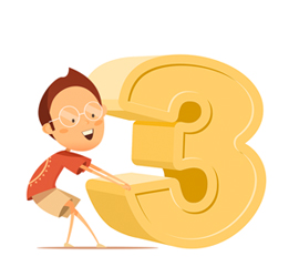 Un niño pequeño con gafas y una camiseta roja, de pie, sostiene un número tres grande y dorado.