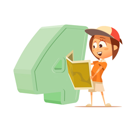 Una mujer con gorra y camisa, mirando un mapa, junto a una letra 4 grande.