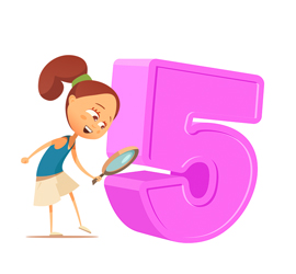 Una niña con gafas de lupa examinando un número 5 grande, de color rosa.