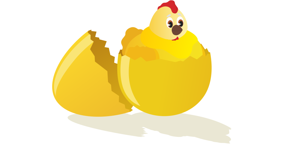 Imagen de una gallina joven saliendo de un huevo roto, con el huevo roto en la parte inferior. La gallina está representada en amarillo con toques de blanco y negro.