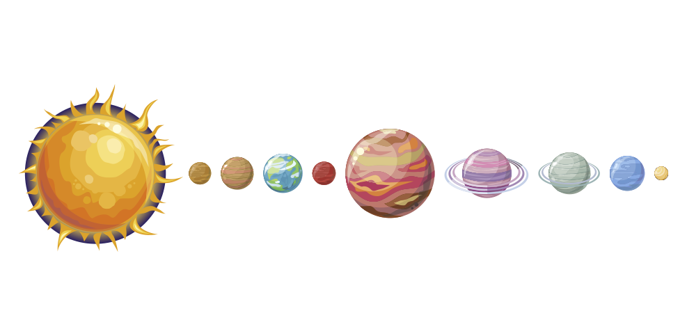 Representación de un sistema solar con el Sol y los planetas: Mercurio, Venus, Tierra, Marte, Júpiter, Saturno, Urano y Neptuno.