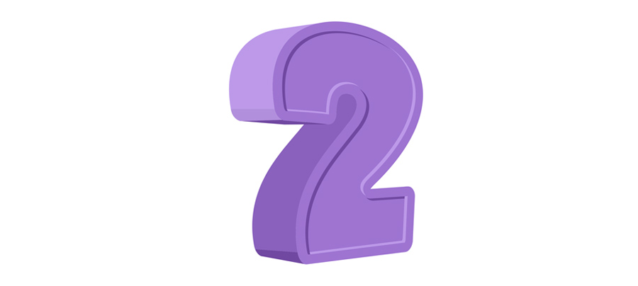 Número 2 en 3D, de color morado, con una forma geométrica y relieve.