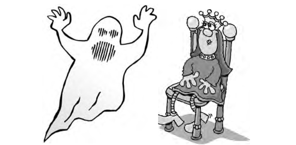 Un fantasma con manos extendidas y una expresión facial definida, sentado en un trono con una figura humana sentada.