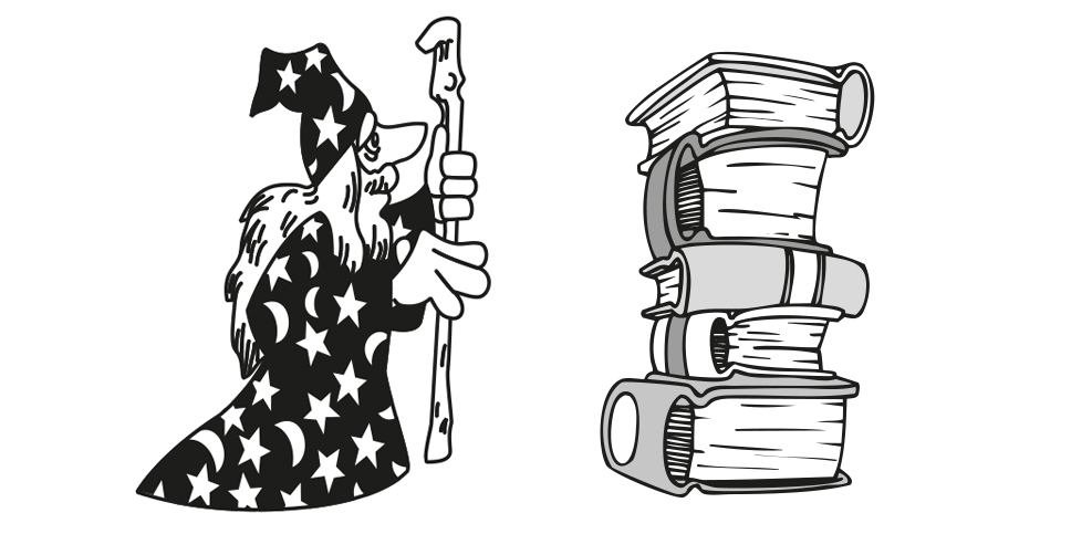 Doble figura de grabado en blanco y negro: un personaje con sombrero de mago y un asta con un águila, y un edificio con ventanas de diferentes alturas.