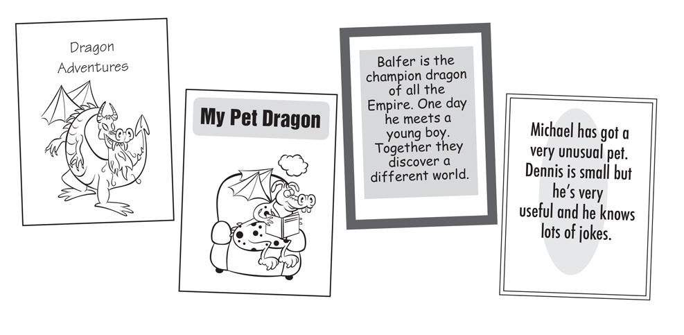 Imágenes de una serie de pósters de 'Dragon Pet Adventures'. Muestra tres pósters con ilustraciones de un dragón y un niño. El primer póster presenta el título 'Dragon Pet Adventures' con una ilustración del dragón. El segundo póster muestra 'My Pet Dragon' con un niño que usa un sombrero y un dragón. El tercero presenta 'Michael has got a very unusual pet' con un niño y el dragón, ambos son muy diferentes.