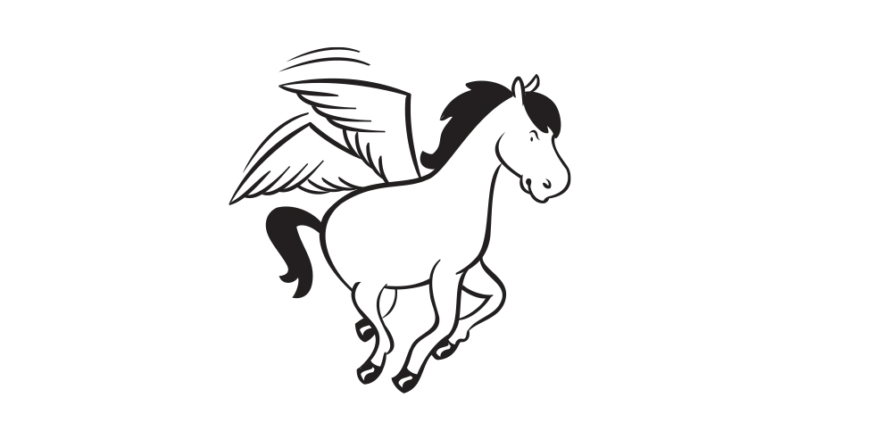 Imagen de un caballo alado, estilizado, en movimiento, con el cuerpo de color blanco y negro.