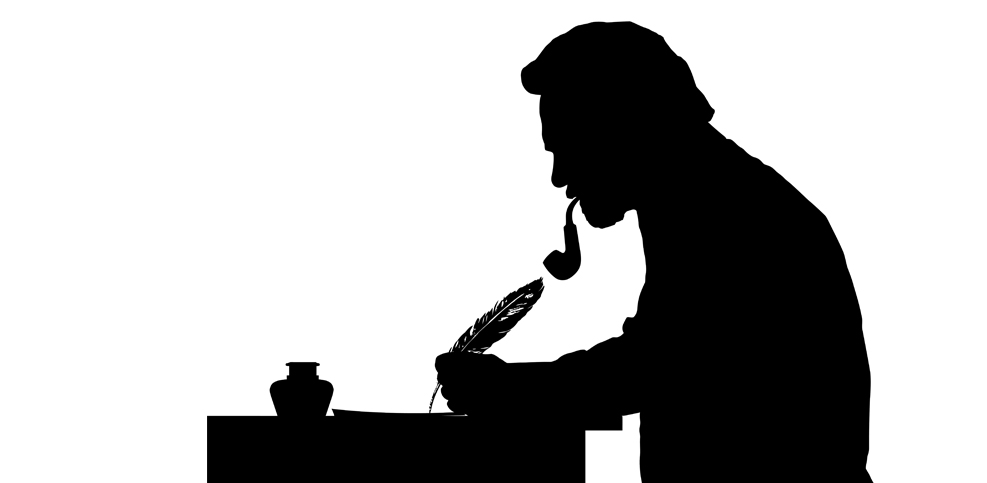 Silueta de un hombre con barba y pipa, escribiendo con pluma sobre una mesa con un jarrón.