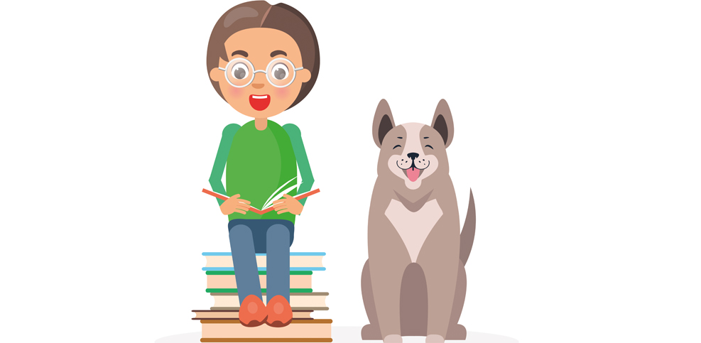 Una ilustración de una joven con gafas y un perro. La joven está sentada sobre pilas de libros, sosteniendo un lápiz. El perro está de pie a su lado.