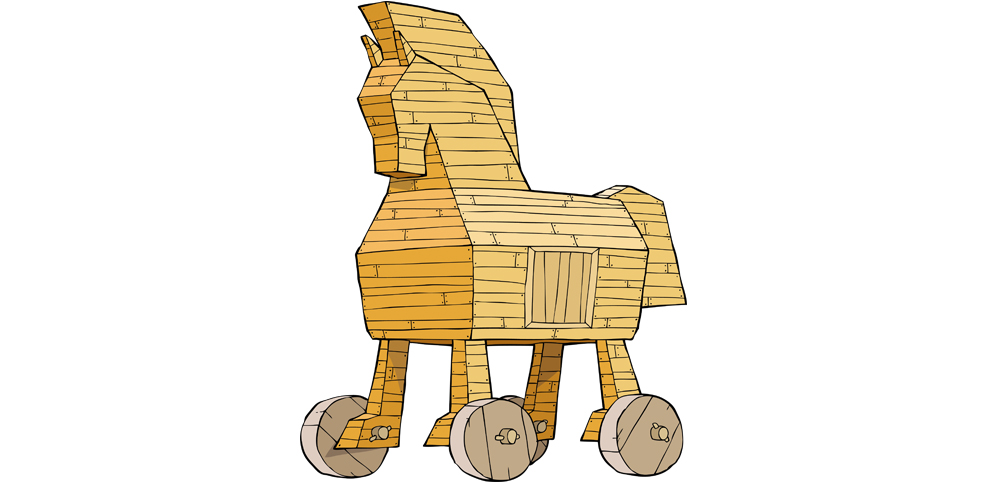 Ilustración de un caballo de Troya de madera, con ruedas en la base y un diseño de bloques que simula la estructura del animal.