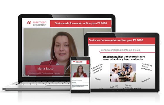 Imagen de una campaña de formación online de Macmillan Education. Muestra un ordenador portátil, una tablet y un teléfono móvil con la frase 'Sesiones de formación online para FP 2020' y la imagen de una mujer.
