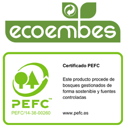 Alt: Logotipo PEFC con texto Certificado PEFC y descripción de procedencia de bosques gestionados de forma sostenible y fuentes controladas. Incluye la imagen circular del sello PEFC y la URL www.pefc.es.