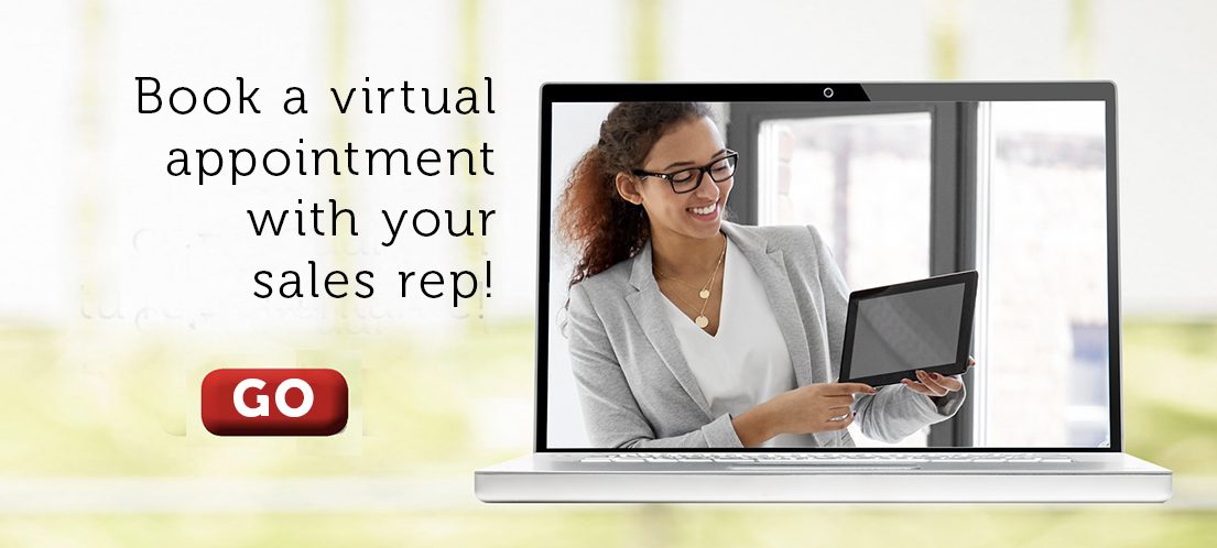 Imagen de un anuncio digital con un ordenador portátil. Se muestra una mujer sonriente con gafas y ropa formal, sosteniendo un tablet. El texto Book a virtual appointment with your sales rep! aparece arriba. Un botón rojo con la palabra GO está presente. Fondo con un efecto de luz difusa.