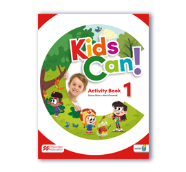 Image of a children's activity book cover. The book title is Kids Can! Activity Book 1. Illustrations of children performing various activities, with nature-themed motifs are shown.