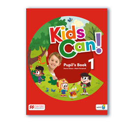 Image of a children's textbook called Kids Can! Pupil's Book 1. The design features a red circle with the title Kids Can! and a background of illustrations of children and elements of nature.