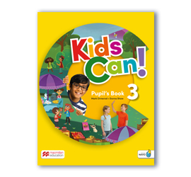 Image of a children's textbook called Kids Can! Pupil's Book 3. The book title is in large, colorful letters with the word Kids in yellow and Can! in green. There are illustrations of children doing various outdoor activities.