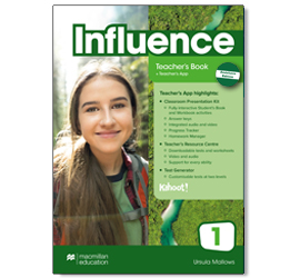 Image of a textbook Influence by Macmillan Education. Cover of the book titled Influence Teacher's Book and number 1. Includes an image of a young woman smiling. The design is in green, black and white.