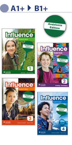 Image of a series of Influence textbooks from Macmillan Education Spain. Shows four book covers with images of young people. The covers are numbered 1, 2, 3 and 4.