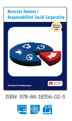 Image de portada d'un llibre de formació professional. Presenta un diagrama circular amb quatre seccions: una amb un símbol de reciclatge, una altra amb un grup de persones, una amb una balança i una altre amb un avió. El títol del llibre és Recursos Humans i Responsabilitat Social Corporativa. El text Formació Professional apareix a la part inferior. El codi ISBN és 978-84-18356-02-5. Es mostren logos de l'editorial i de la formació.