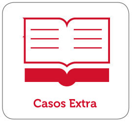 Icono de un libro abierto con líneas de texto. Texto: Casos Extra.
