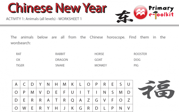 Chinese new year primary activities, animals horoscope word search 