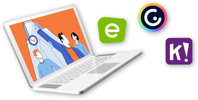Ordenador con logos de aplicaciones de gamificación como Genially, Kahoot y Educaplay